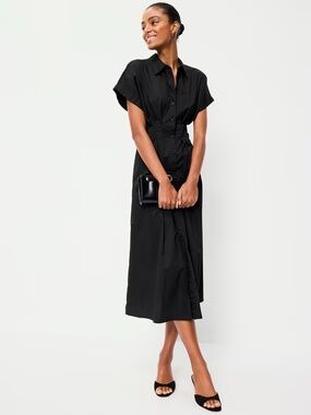 NWT Old Navy Pintuck-Waist Midi Shirt Dress // Black